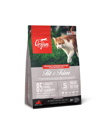 ORIJEN Fit & Trim Cat 1.8 kg Teraviljavaba kuiv täistoit täiskasvanud kassidele, kellel on kalduvus ülekaalule või liigsele kehakaalu tõusule.