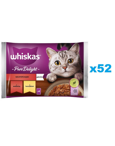 WHISKAS Täiskasvanute kotike 13*4 x 85g Juicy Bites kassitoidu märjad toidutükid veise- ja kanalihaga