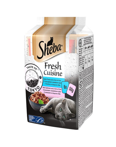 SHEBA Fresh Cuisine Taste of Tokyo полноценный влажный корм для взрослых кошек с тунцом и рисом, с лососем и рисом в пакетиках 12x(6x50g)