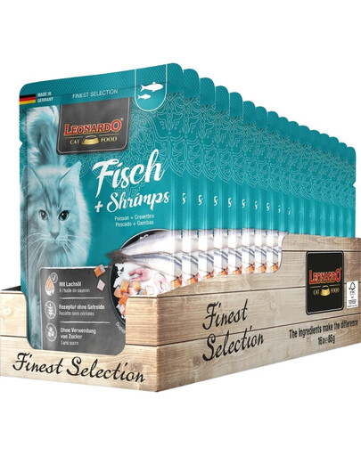 LEONARDO Finest Selection  Kala ja krevetid kassidele 16 x 85 g Kalamenüü