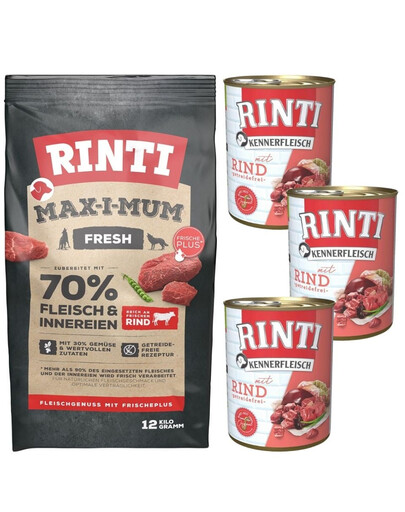 RINTI MAX-I-MUM Veiseliha veiselihaga 12 kg + Kennerfleisch Beef beef märgtoit 3x400 g