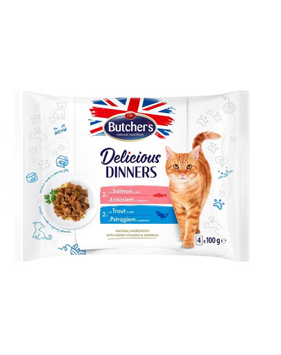 BUTCHER'S Delicious Dinners tükid želees täiskasvanud kassidele 32x100g lõhega, forelliga
