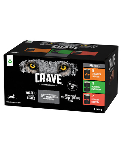 CRAVE purk 6x400 g - kana ja kalkun, lambaliha ja veiseliha, lõhe ja kalkunipasteet (teraviljavaba täistoit täiskasvanud koertele)