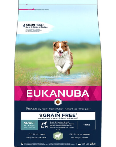 EUKANUBA Grain Free S/M Adult Lamb 3 kg täiskasvanud väikestele ja keskmise suurusega tõugu koertele