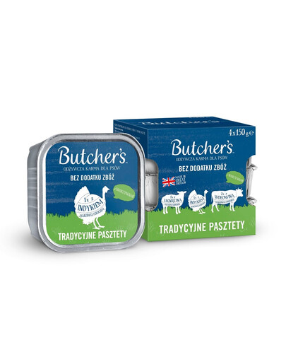 BUTCHER'S Original Traditsiooniline pasteet Segatud maitsed köögiviljadega 4x150 g pasteet lambaliha, kalkuniliha ja veiselihaga koertele