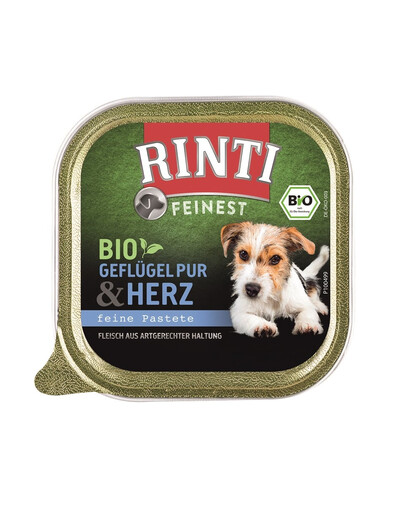 RINTI Feinest Bio Poultry Pure&Poultry hearts kodulinnuliha ja linnusüdamete kandik 150 g