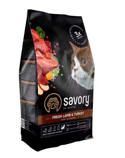 SAVORY Adult Cat Sensitive 400 g lambaliha ja kalkunitoit tundliku seedetraktiga kassidele