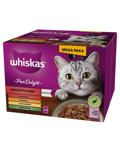 WHISKAS Adult Pure Delight Juicy Jellied Bites 24x85 g tükki veise-, kana-, lambaliha, kodulinnulihaga täiskasvanud kassidele