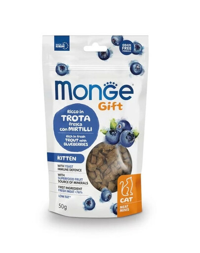 MONGE Kitten koos pärmi immuunsusega Forell mustikatega 50 g