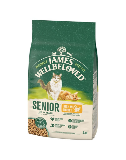 JAMES WELLBELOVED Senior 4 kg kuiv täistoit vanematele kassidele >7 aastat, mis sisaldab rohkelt kalkunit.