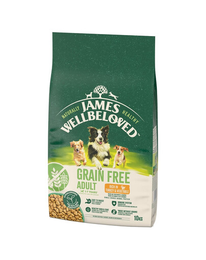 JAMES WELLBELOVED Adult 10 kg teraviljavaba kuiv täistoit täiskasvanud koertele 1-7 aastat, mis sisaldab rohkelt kalkunit ja köögivilju.