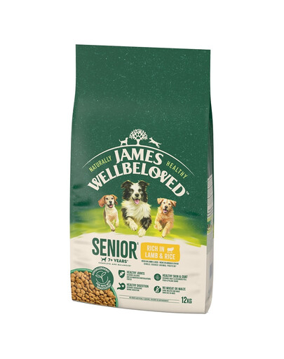 JAMES WELLBELOVED Senior 12 kg kuiv täistoit vanematele koertele >7 aastat, mis sisaldab rohkelt lambaliha ja riisi.