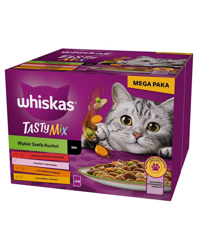 WHISKAS Adult Tasty Mix Chef's Choice kastmes 24x85 g tükki veise-, lõhe-, kana- ja kalkuniliha, kana ja tursaga täiskasvanud kassidele