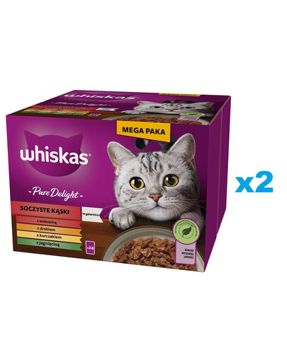 WHISKAS Adult Pure Delight Juicy Jellied Bites 48x85 g tükkidega veiseliha, kana, lambaliha, kodulinnuliha täiskasvanud kassidele