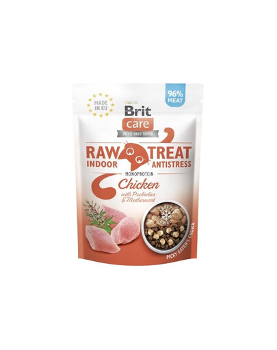 BRIT Care Raw Treat Freeze Dried Indoor Antistress 40 g Lüofiliseeritud kana maiuspala kassidele koos probiootikumidega