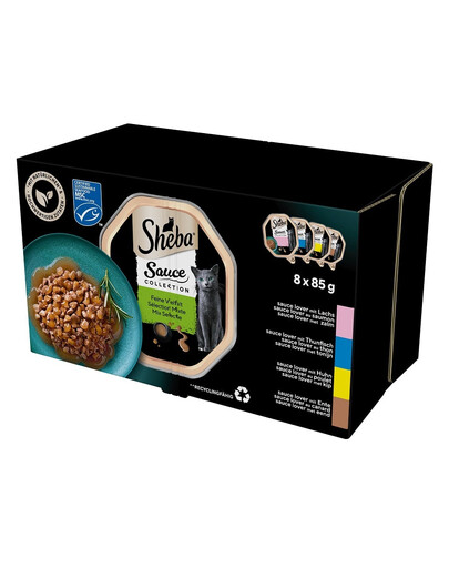 SHEBA Sauce Collection Wybór Smaków tacki 4x8x85 g mokra karma pełnoporcjowa dla dorosłych kotów w sosie kawałki z łososiem, tuńczykiem, kurczakiem, kaczką