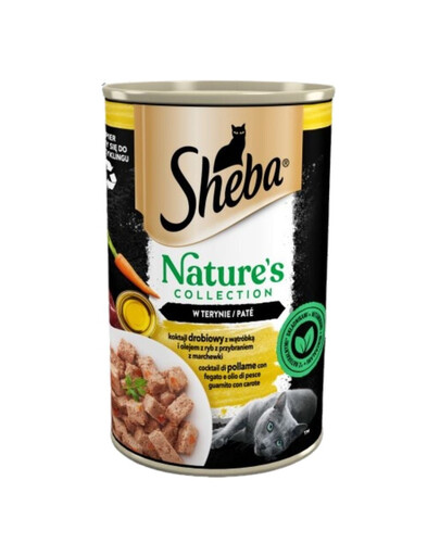 SHEBA purk 12 x 400 g Nature's Collection märg täistoit täiskasvanud kassidele kodulinnukokteil maksa ja kalaõliga, porgandiga kaunistatud terriinis.