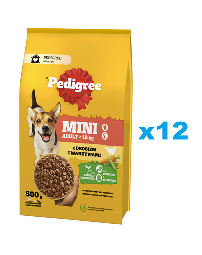 PEDIGREE Adult Mini 12x500 g kodulindude ja köögiviljadega kuiv täistoit täiskasvanud väikest tõugu koertele