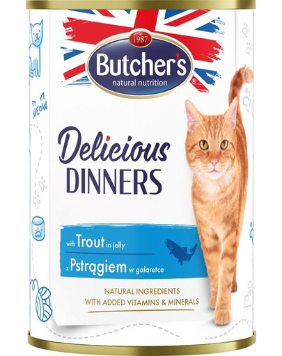 BUTCHER'S Delicious Dinners, karma dla kota, kawałki z pstrągiem w galaretce, 400g