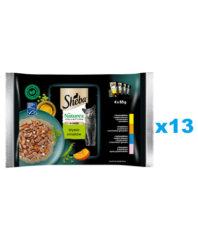 SHEBA Nature’s Collection Wybór Smaków 52x85 g mokra karma pełnoporcjowa dla dorosłych kotów w sosie kawałki z kurczakiem, indykiem, tuńczykiem, łososiem