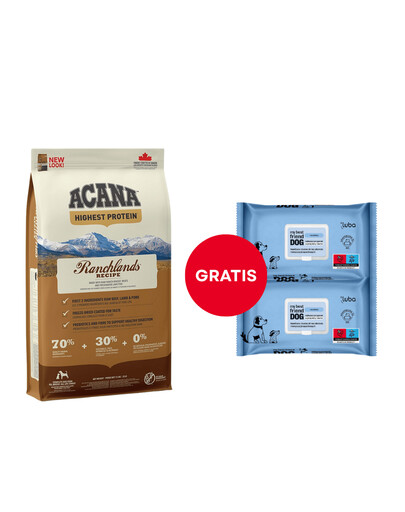 ACANA Highest Protein Ranchlands Dog 11,4 kg + LUBA My best friend Niisutatud salvrätikud naha ja karvkatte puhastamiseks ja kaitsmiseks 6 x 60 tk. GRATISACANA Highest Protein Ranchlands Dog 11,4 kg + LUBA My best friend Niisutatud salvrätikud naha ja karvkatte puhastamiseks ja kaitsmiseks 6 x 60 tk. GRATIS