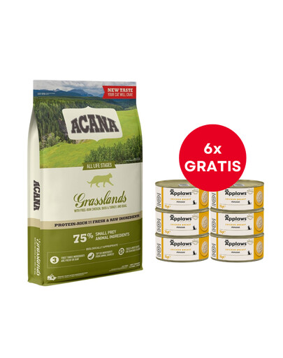 ACANA Grasslands Cat 4,5 kg + APPLAWS Cat Adult Mousse Chicken mousse kanaga 6 x 70g TASUTA