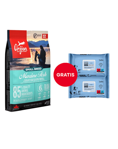 ORIJEN Small Breed Marine Fish 4,5 kg + LUBA My best friend Niisutatud salvrätikud naha ja karvkatte puhastamiseks ja kaitsmiseks 2 x 60 tk. GRATIS