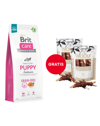 BRIT Care Grain-free Puppy kuivtoit lõhega 12 kg + WOOLF Chicken And Rawhide Twister 2 x 100g  kuivatatud nahaga mähitud kana tasuta