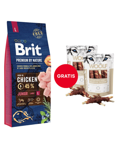 BRIT Premium By Nature Junior Large L Chicken 15 kg + WOOLF Chicken And Rawhide Twister 2 x 100g s kuivatatud nahaga mähitud kana tasuta