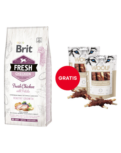 BRIT Fresh chicken with potato puppy healthy growth 12 kg + WOOLF Chicken And Rawhide Twister 2 x 100g  kuivatatud nahaga mähitud kana tasuta