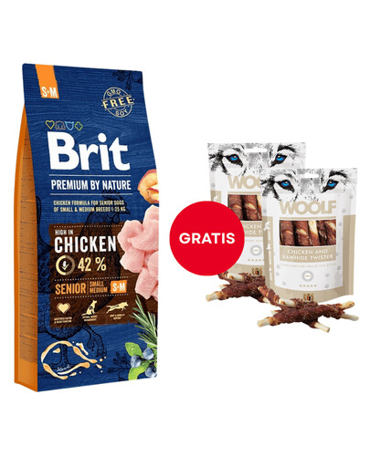 BRIT Premium By Nature Senior Small Medium S+M Chicken 15 kg + WOOLF Chicken And Rawhide Twister 2 x 100g  kuivatatud nahaga mähitud kana tasuta