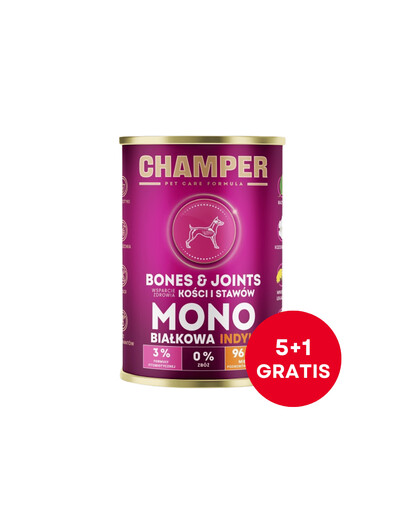 CHAMPER Bones Joints Indyk monobiałkowa karma dla psa 6 x 400 g (5+1 GRATIS)