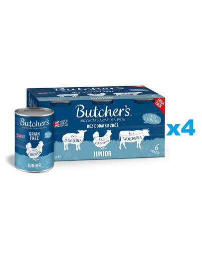 BUTCHER'S Original Junior Recipe in jelly Mix smaków 24x400 g kawałki w galaretce z jagnięciną, z kurczakiem i z wołowiną dla szczeniąt