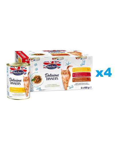 BUTCHER'S Delicious Dinners Cat Meaty selection in Jelly 24x400 g kawałki w galarecie z kurczakiem, z wołowiną i z dziczyzną dla kota