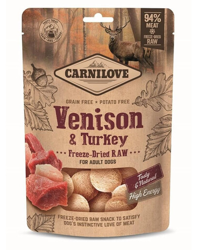 Raw Freeze-dried Snack Venison and Turkey 60g liofilizowane kawałki dziczyzny i indyka dla dorosłych psów