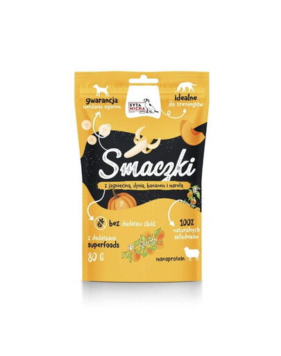 Smaczki z jagnięciną, dynią, bananem i morelą dla psa 80 g