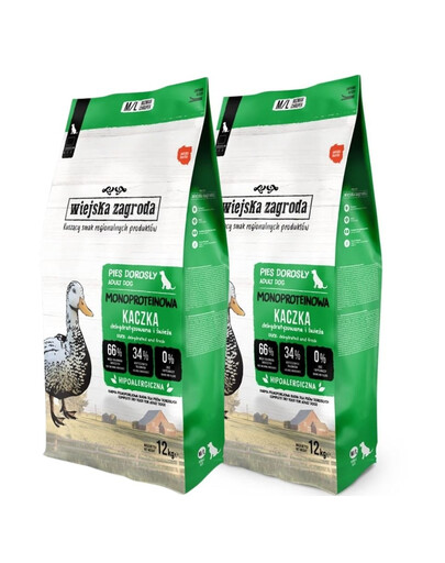WIEJSKA ZAGRODA Monobiałkowa Kaczka dla psów chrupki M/L 2x12 kg