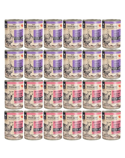 WIEJSKA ZAGRODA Mix smaków Jagnięcina z krylem i  Kurczak z kaczką 24x400g dla kota