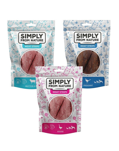 SIMPLY FROM NATURE Meat Strips Mięsne paski Mix smaków gęś, bażant, baranina dla psów 3x80 g
