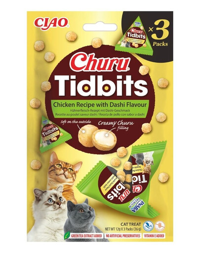 Cat Churu Tidbits Chicken Recipe with Dashi Flavor 3x12g miękkie i kremowe przysmaki z kurczakiem o smaku bulionu dashi dla kotów