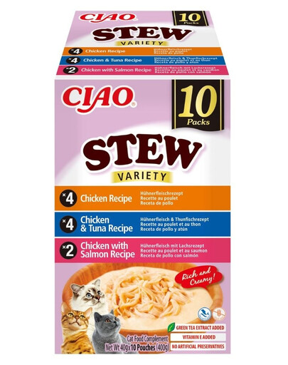 Cat Ciao Stew Creamy Variety 10x40g mix przysmaków z kurczakiem, tuńczykiem i łososiem w kremowym sosie