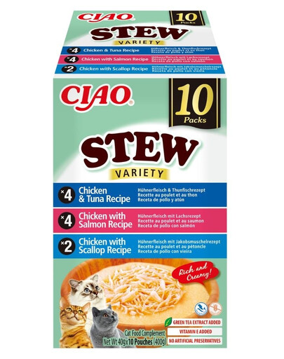 Cat Ciao Stew Creamy Variety 10x40g mix przysmaków z kurczakiem, rybą i przegrzebkami w kremowym sosie