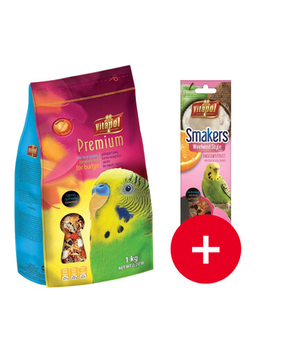 VITAPOL Premium karma dla papugi falistej 1 kg + Smakers Weekend Style dla papużki falistej owocowy 45g GRATIS