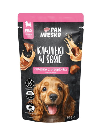 PAN MIĘSKO Kawałki w sosie Cielęcina z przepiórką mokra karma dla szczeniąt 150g