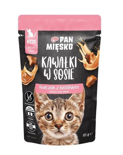 PAN MIĘSKO Kawałki w sosie Kurczak z królikiem karma mokra dla kociąt 85g