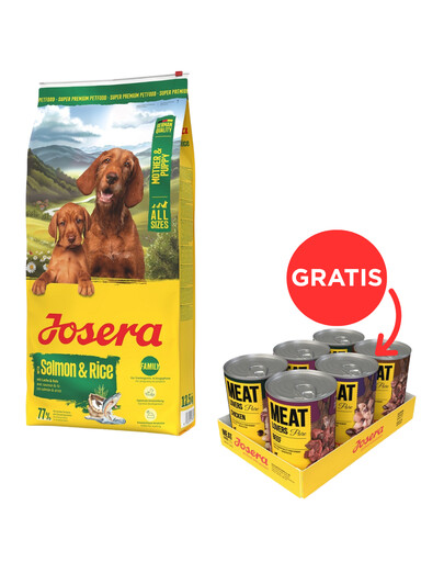 JOSERA Mother and Puppy Salmon with Rice 12,5kg dla szczeniąt, suk w ciąży oraz suk karmiących + JOSERA Meat Lovers Pure Multipack 6x400g mokra karma dla psów GRATIS