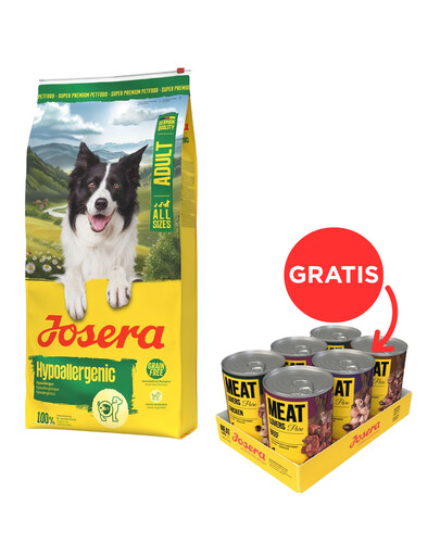 JOSERA Hypoallergenic Adult 12,5kg bezzbożowa karma dla wrażliwych psów z owadami + JOSERA Meat Lovers Pure Multipack 6x400g mokra karma dla psów GRATIS
