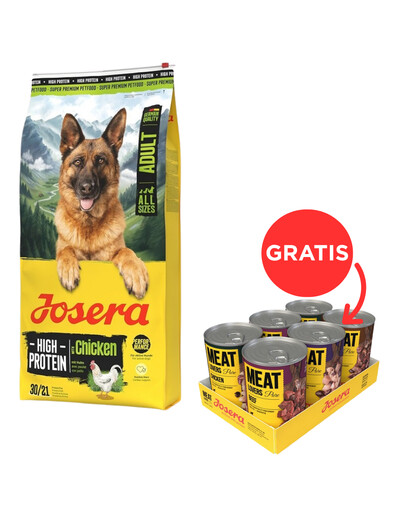 JOSERA High Protein Adult Chicken 12,5kg wysokoenergetyczna karma dla psów sportowych + JOSERA Meat Lovers Pure Multipack 6x400g mokra karma dla psów GRATIS