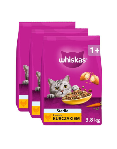 WHISKAS Sterile z pysznym kurczakiem 3x3,8 kg sucha karma dla kotów