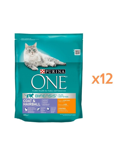 PURINA ONE COAT & HAIRBALL kurczak i pełne ziarna 12x800g